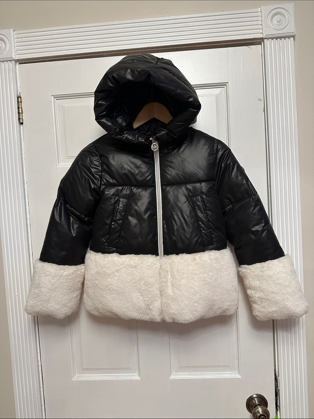 Michael Kors Black and Cream Hooded Two-Tone Puffer Jacket